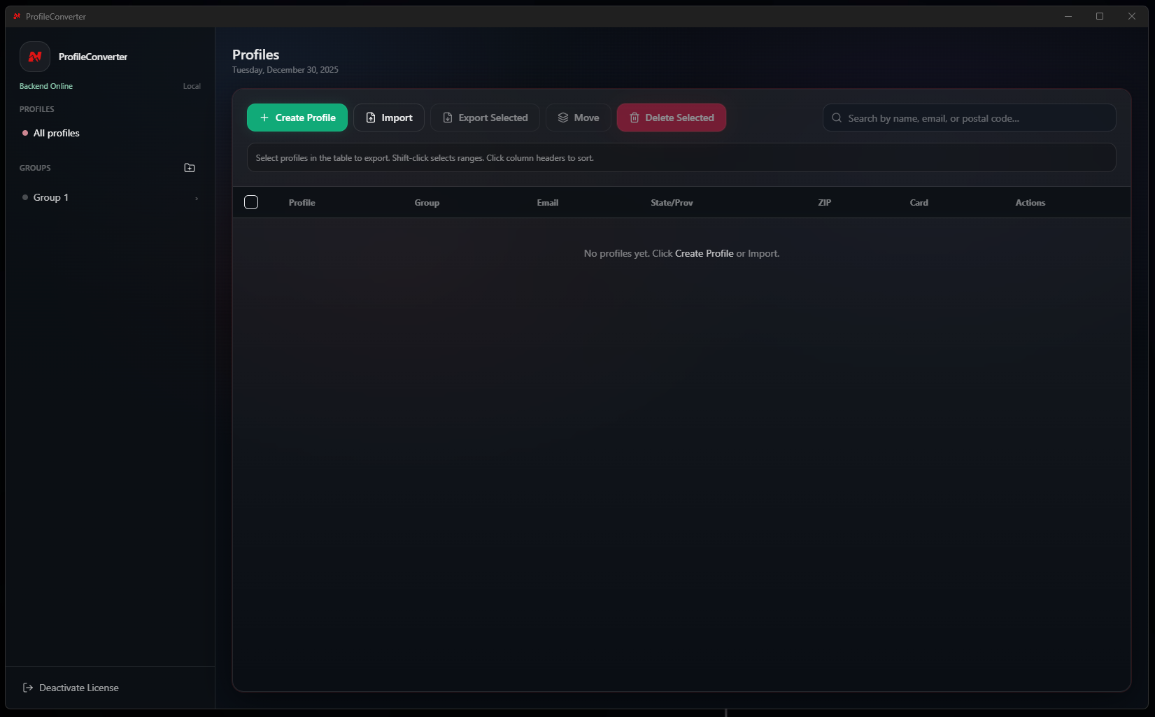 Profile converter screen