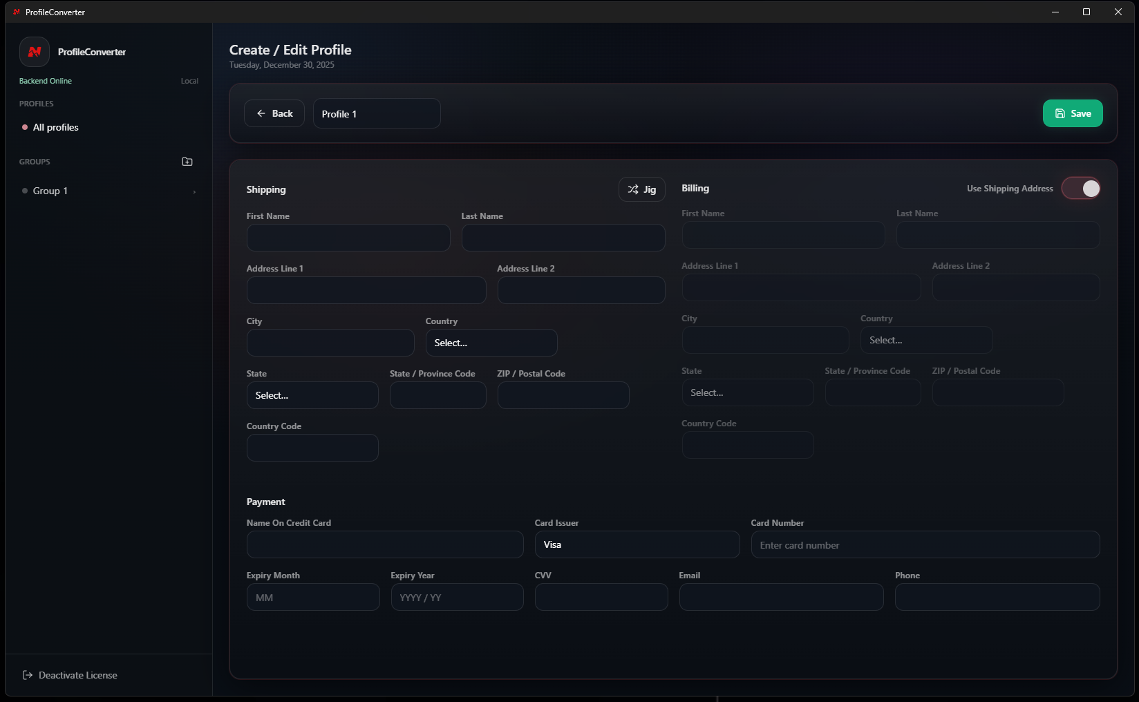 Create profile form with shipping, billing, payment fields, and a jig button