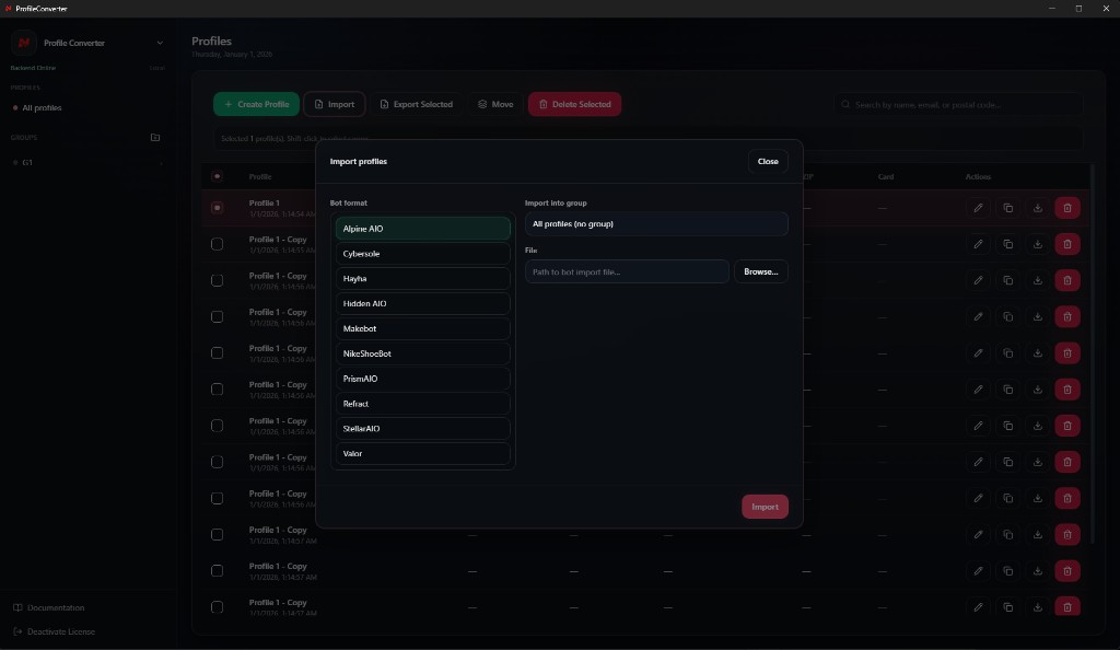 Import profiles dialog set to Alpine AIO, with the full bot format list