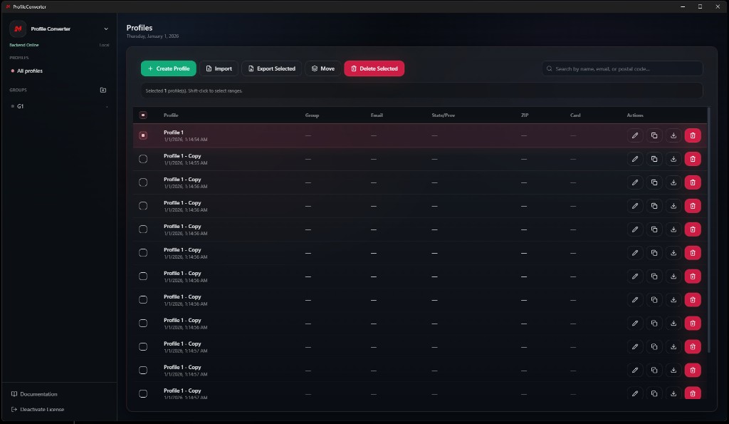 Profiles list with groups, search, and actions for each profile